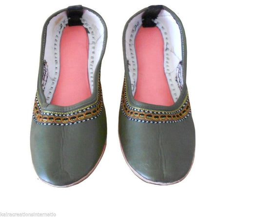 By Kalra Creations Women Shoes Traditional Jutties Handmade Light Green Mojaries Ballerinas Flip-Flops Flat US 4