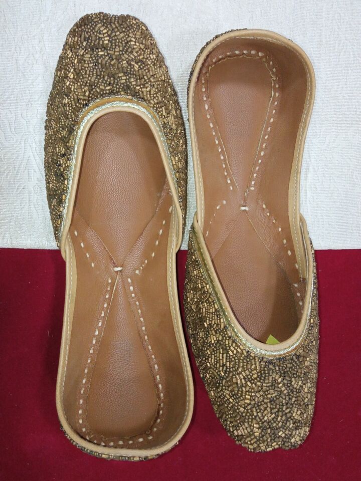 Women Shoes Indian Wedding Khussa Handmade Punjabi Jutties Leather Mojaries Flip-Flops US 8-9.5