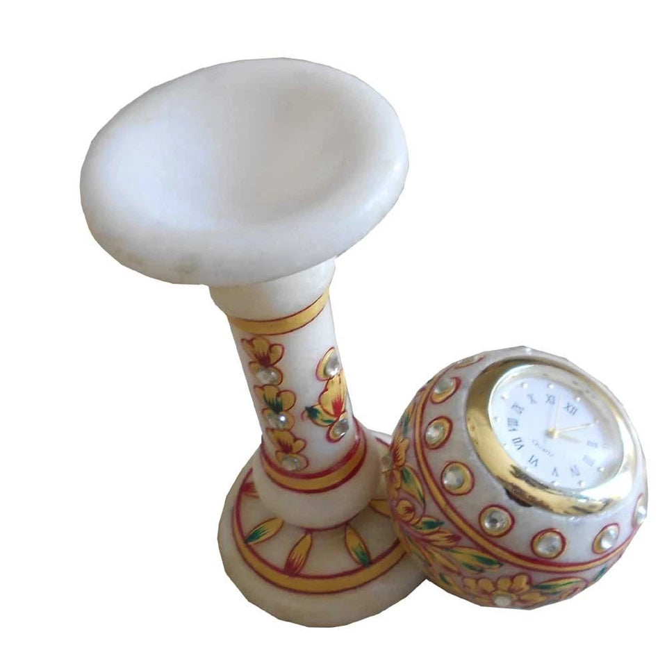Indian Handmade Traditional Home Decor Clock Marble Handicraft Pillar