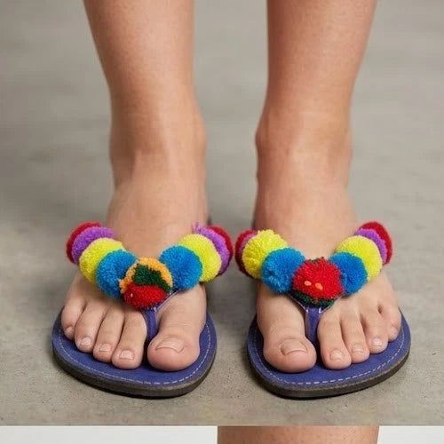 Women Handmade Bridal Blue Jutti Ethnic Flats Slippers