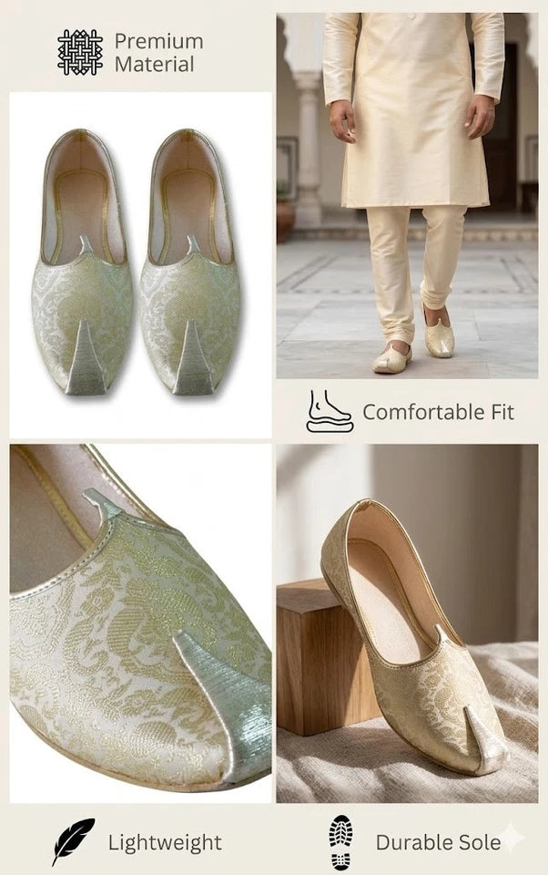 Indian Men Shoes Sherwani Loafers Groom Cream Golden Jutties