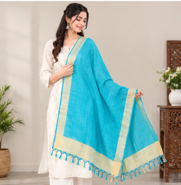 Wedding Dupatta Sky Blue & Golden for Women Bridal Silk