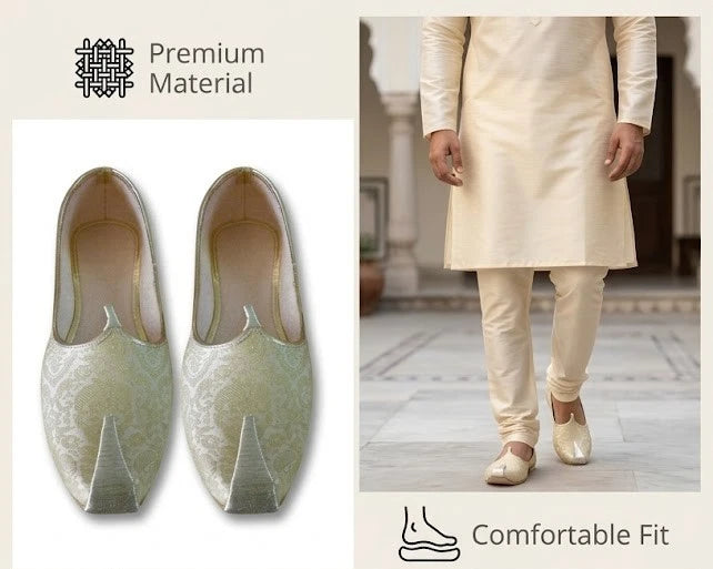 Indian Men Shoes Sherwani Loafers Groom Cream Golden Jutties