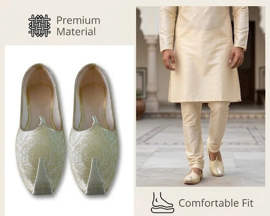Indian Men Shoes Sherwani Loafers Groom Cream Golden Jutties