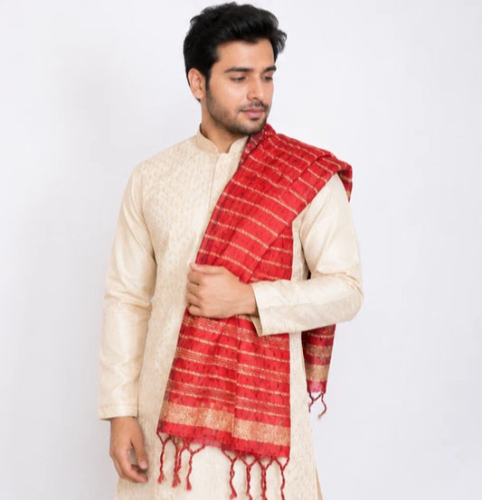 Groom Sherwani Dupatta Red Silk Wedding Stole