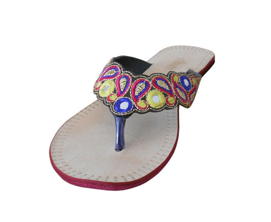 By Kalra Creations Women Slippers Indian Handmade Leather Mojaries Cream Jutties Embroidered Flip-Flop Flat US 5-9