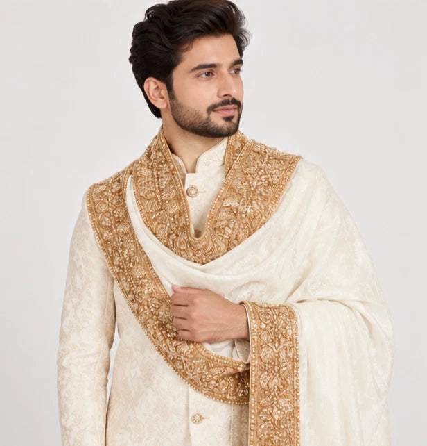 Men Silk Stole Indian Traditional Scarves White Wedding Groom