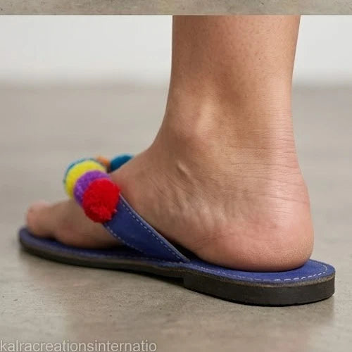 Women Handmade Bridal Blue Jutti Ethnic Flats Slippers
