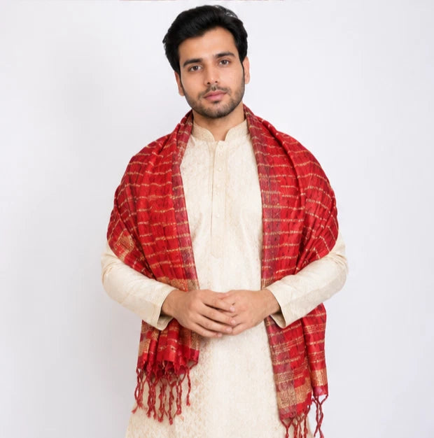 Groom Sherwani Dupatta Red Silk Wedding Stole