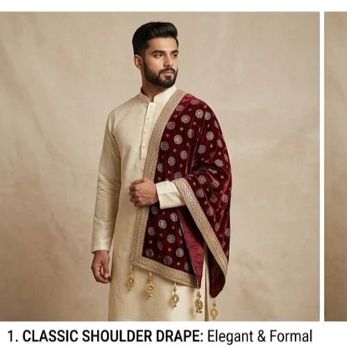Groom Sherwani Dupatta Red Velvet Wedding Stole