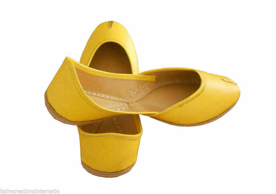 Women Slippers Indian Handmade Traditional Clogs Yellow Flats Open Jutties Flip-Flops Flat US 10
