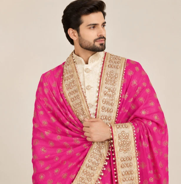 Groom Sherwani Dupatta Pink Silk Wedding Stole