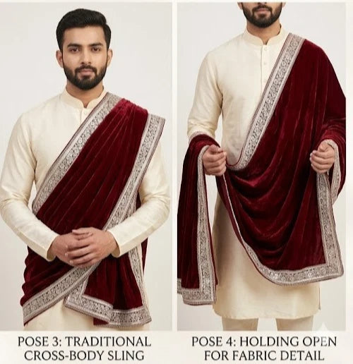 Groom Sherwani Maroon Golden Velvet Wedding Stole