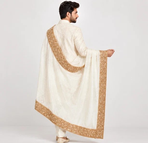 Men Silk Stole Indian Traditional Scarves White Wedding Groom