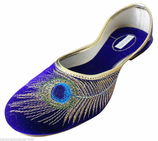 By Kalra Creations Women Shoes Indian Khussa Ethnic Jutties Handmade Blue Mojaries Peacock Print Flip-Flops US 5-10