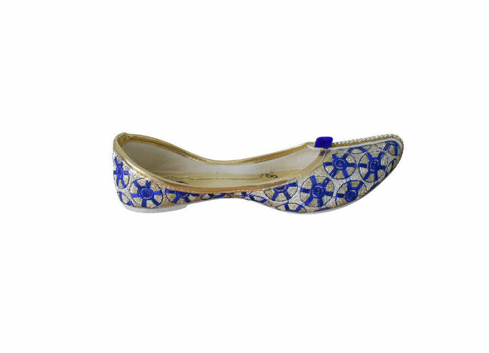 Women Shoes Indian Wedding Jutties Golden & Blue Pointy Mojaries Flip-Flops Flat US 5-7