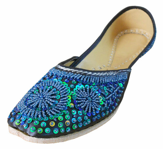 By Kalra Creations Women Shoes Party Indian Handmade Black & Green Jutties Leather Mojaries Flip-Flops Flat US 6
